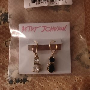 Betsey Johnson Gold Earrings with Black and Clear Cubic Zerconia  Stones